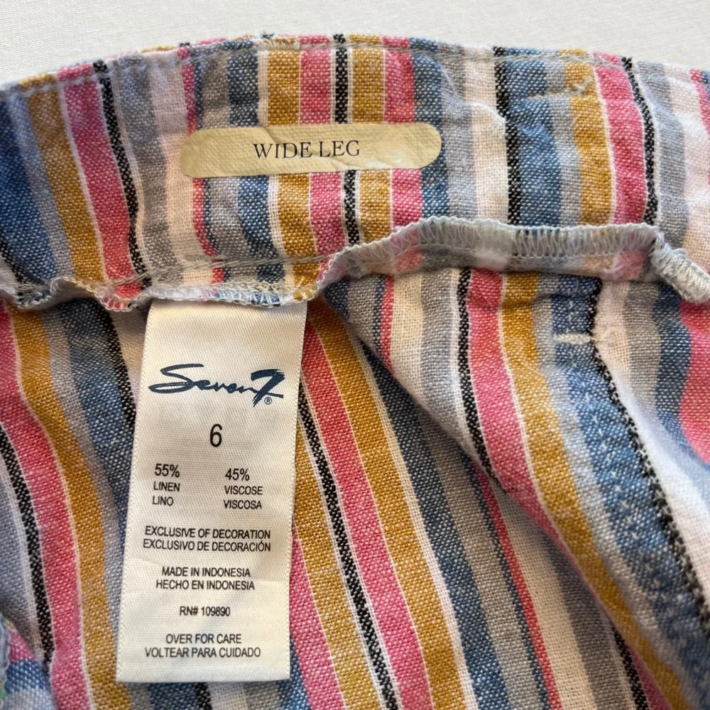 Seven7 Multi Color Striped Wide Leg High Rise Linen Blend Pants Size 6
